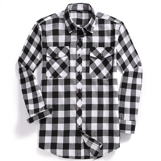 New Men Casual Plaid Flannel Shirt Long-Sleeved Chest Two