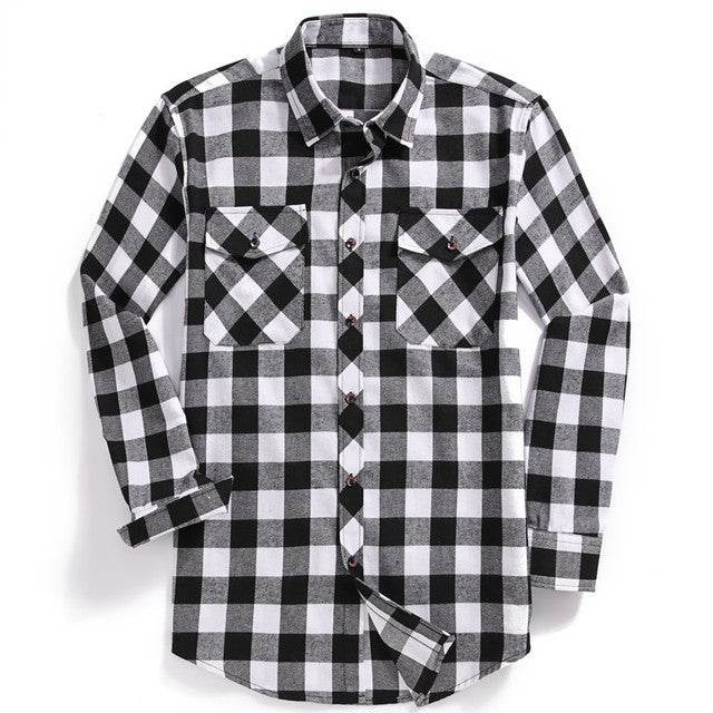 New Men Casual Plaid Flannel Shirt Long-Sleeved Chest Two - Mubimart