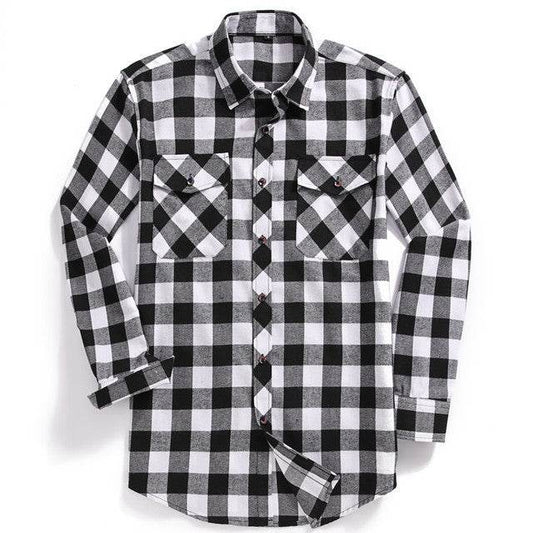 New Men Casual Plaid Flannel Shirt Long-Sleeved Chest Two - Mubimart