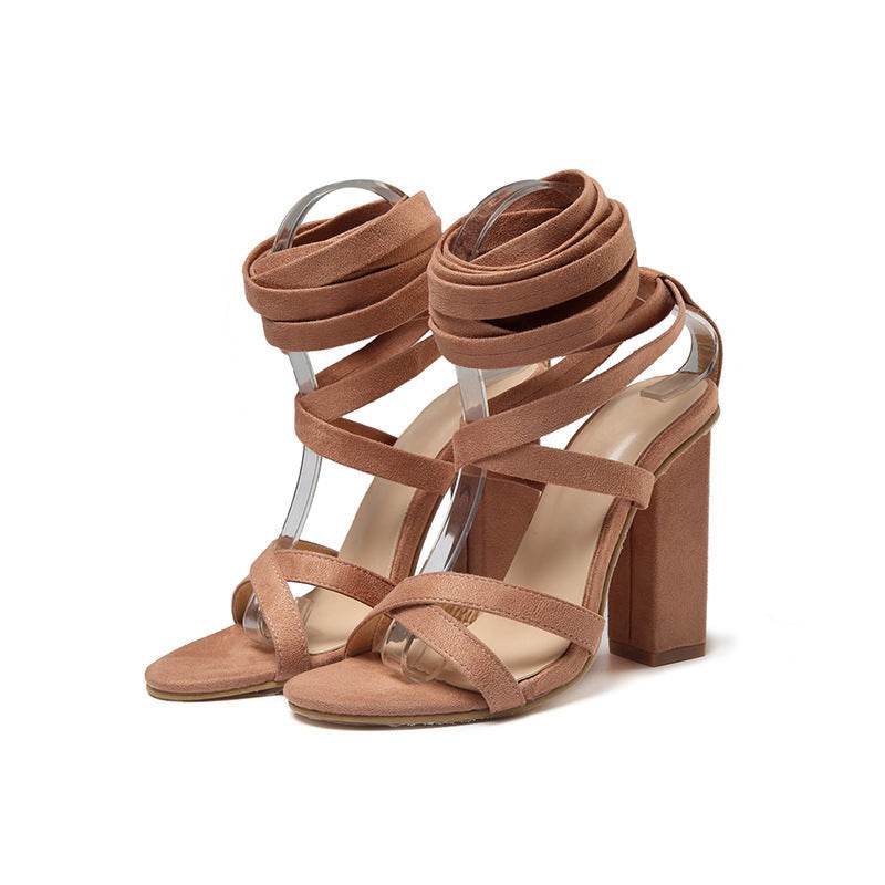 Strappy round toe chunky high heel sandals - Mubimart