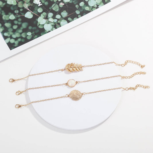 3-piece alloy leaf gemstone bracelet - Mubimart
