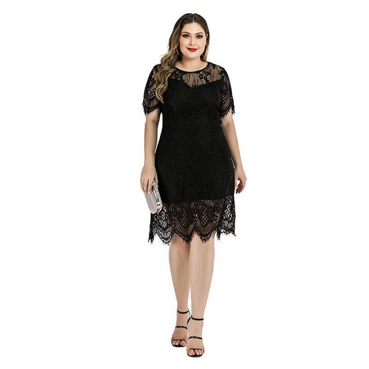 Summer Amazon Hot Large Size Women's Lace Dress Eyelash Plump Girls Waist Slimming Mini Midi Dress - Mubimart