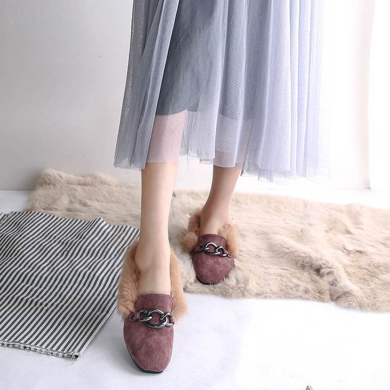 Rabbit fur and velvet cotton flats - Mubimart