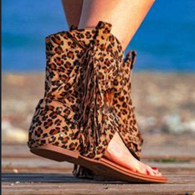 Leopard Fringe Flip Flops - Mubimart