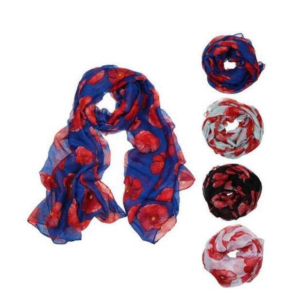 Red Poppy Scarf Print Long Scarves Flower - Mubimart