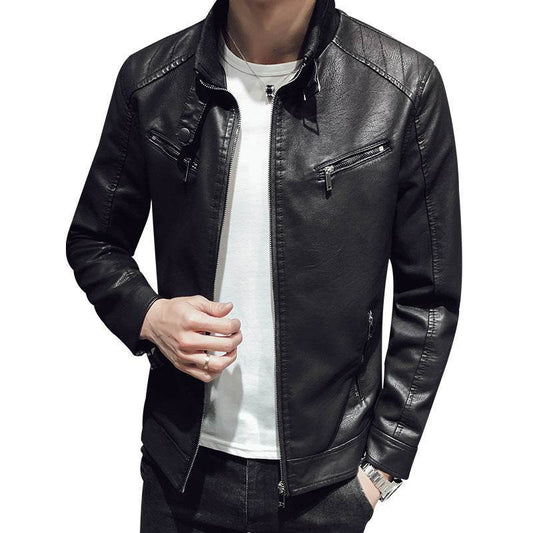 Leather jacket men's leather zipper cardigan men's jacket - Mubimart
