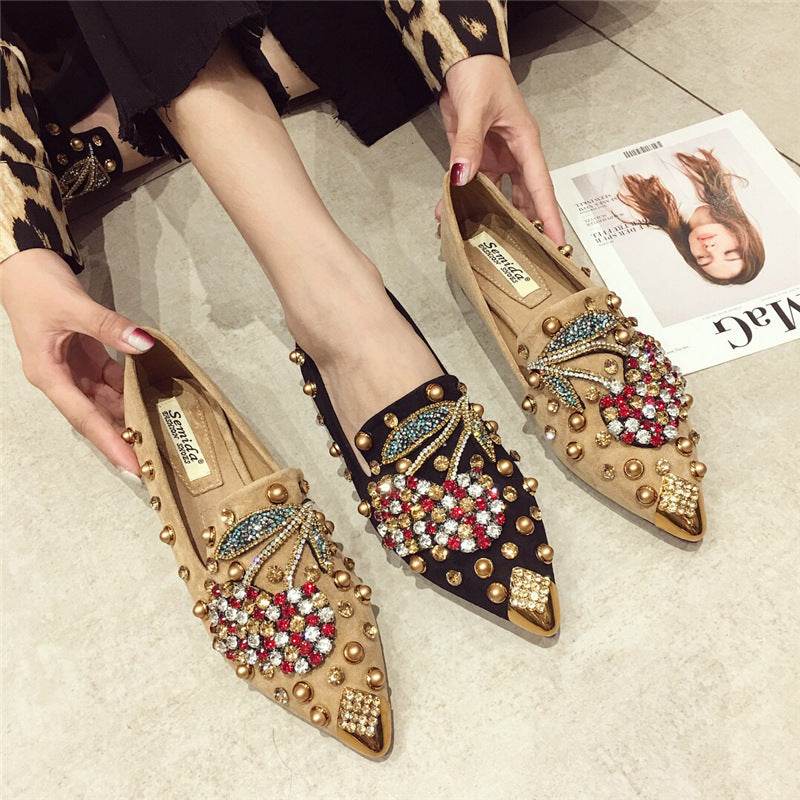 Pointed toe net red flat shoes - Mubimart