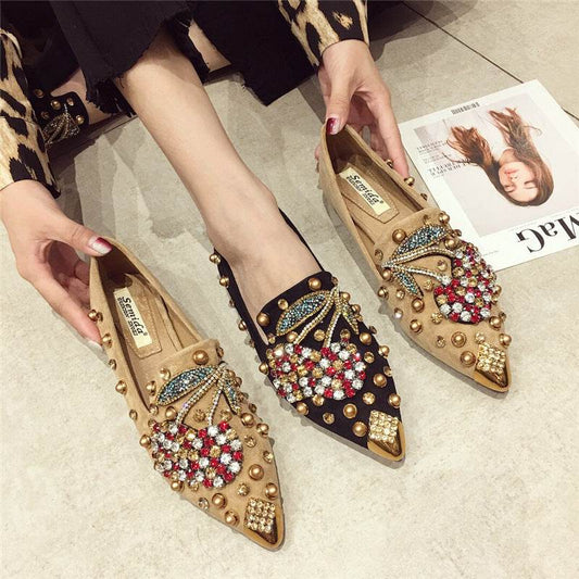 Pointed toe net red flat shoes - Mubimart