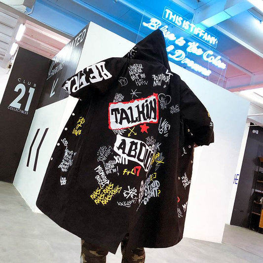 Dark graffiti trench coat - Mubimart