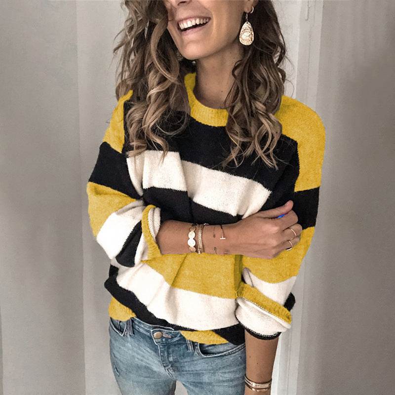 Plus size women's contrast striped sweater - Mubimart