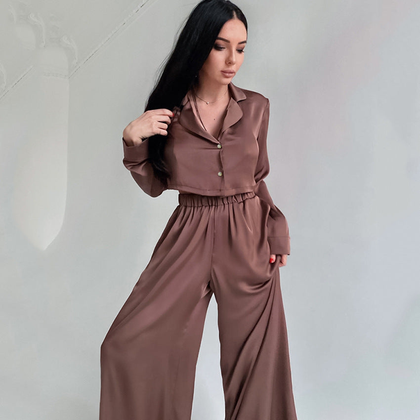 Fashion Short Top Two-piece Set Baggy Pajama Pants Ice Silk Ladies' Homewear - Mubimart -  