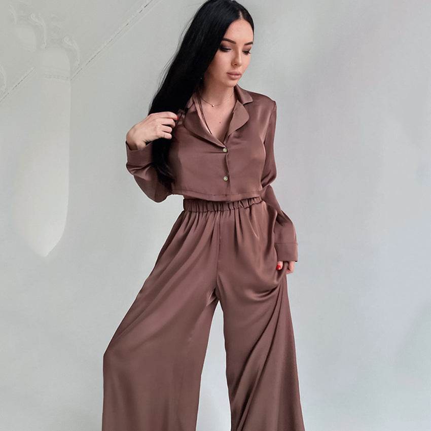 Fashion Short Top Two-piece Set Baggy Pajama Pants Ice Silk Ladies' Homewear - Mubimart