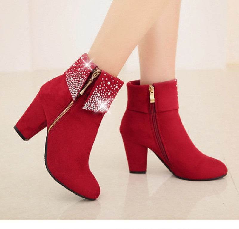 Rhinestone nubuck short heel women boots - Mubimart