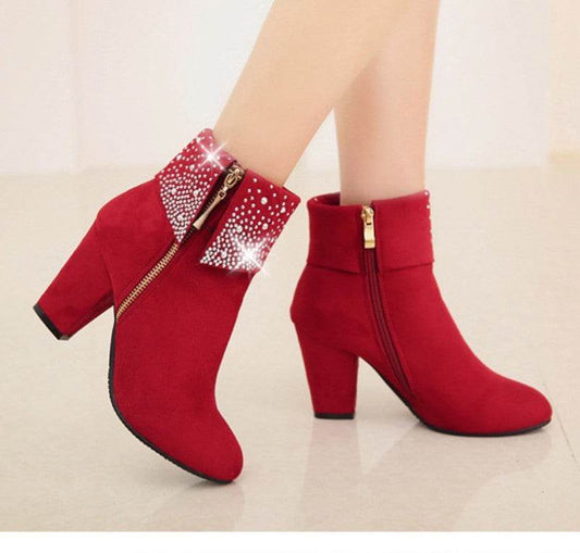 Rhinestone nubuck short heel women boots - Mubimart