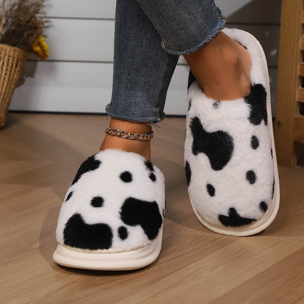 Cute Cow Spotted Plush Slippers Winter Warm Non-slip Bedroom Floor Fuzzy Slipper Couple Women House Shoes - Mubimart