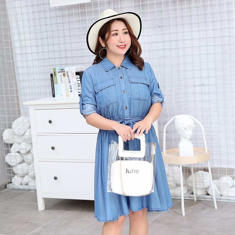 Tencel Denim Simple Plus Size Women's Long Sleeve Dress Denim Plus Size Skirt - Mubimart -  