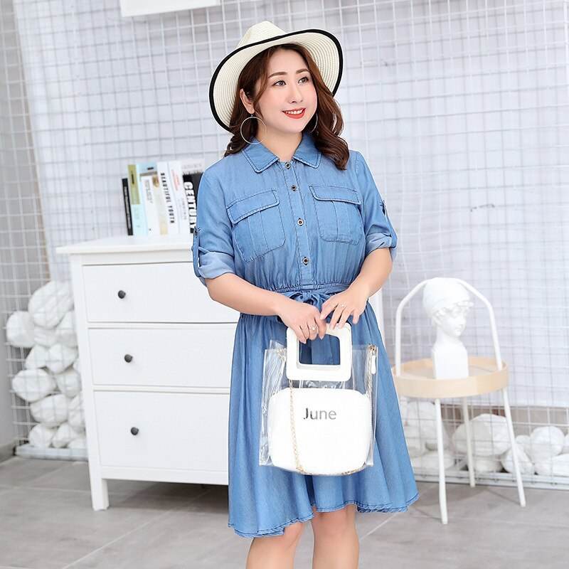 Tencel Denim Simple Plus Size Women's Long Sleeve Dress Denim Plus Size Skirt - Mubimart