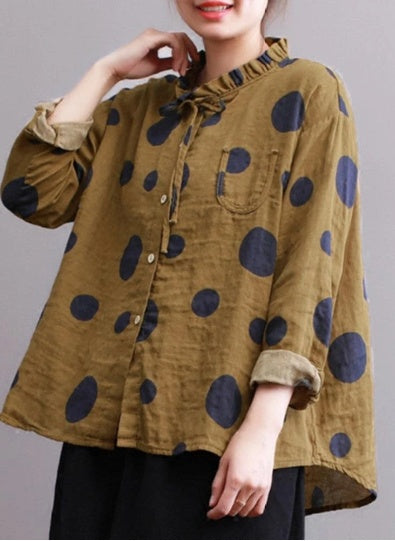 Casual Polka Dot Print Stand Collar Loose Women Blouses - Mubimart -  