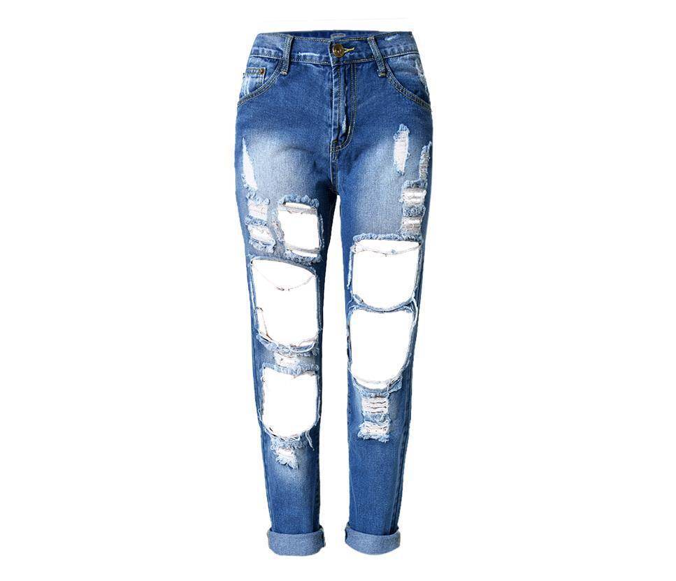 Ripped Jeans High Waist Women Ripped Hole Knee Skinny Pants - Mubimart