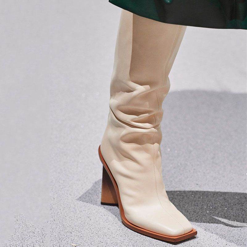 Square toe chunky heel mid boots - Mubimart
