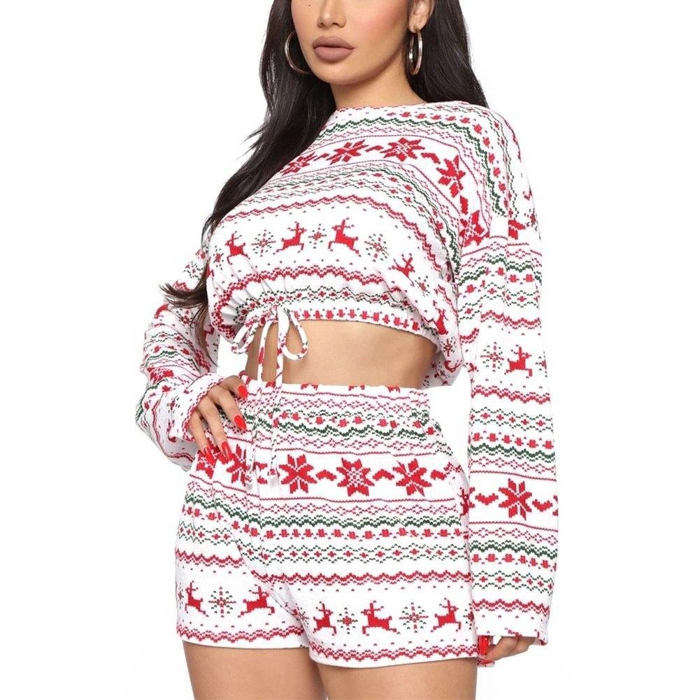 Women Christmas Pajama Sets Long Sleeve Crop Top Shorts 2Pcs - Mubimart