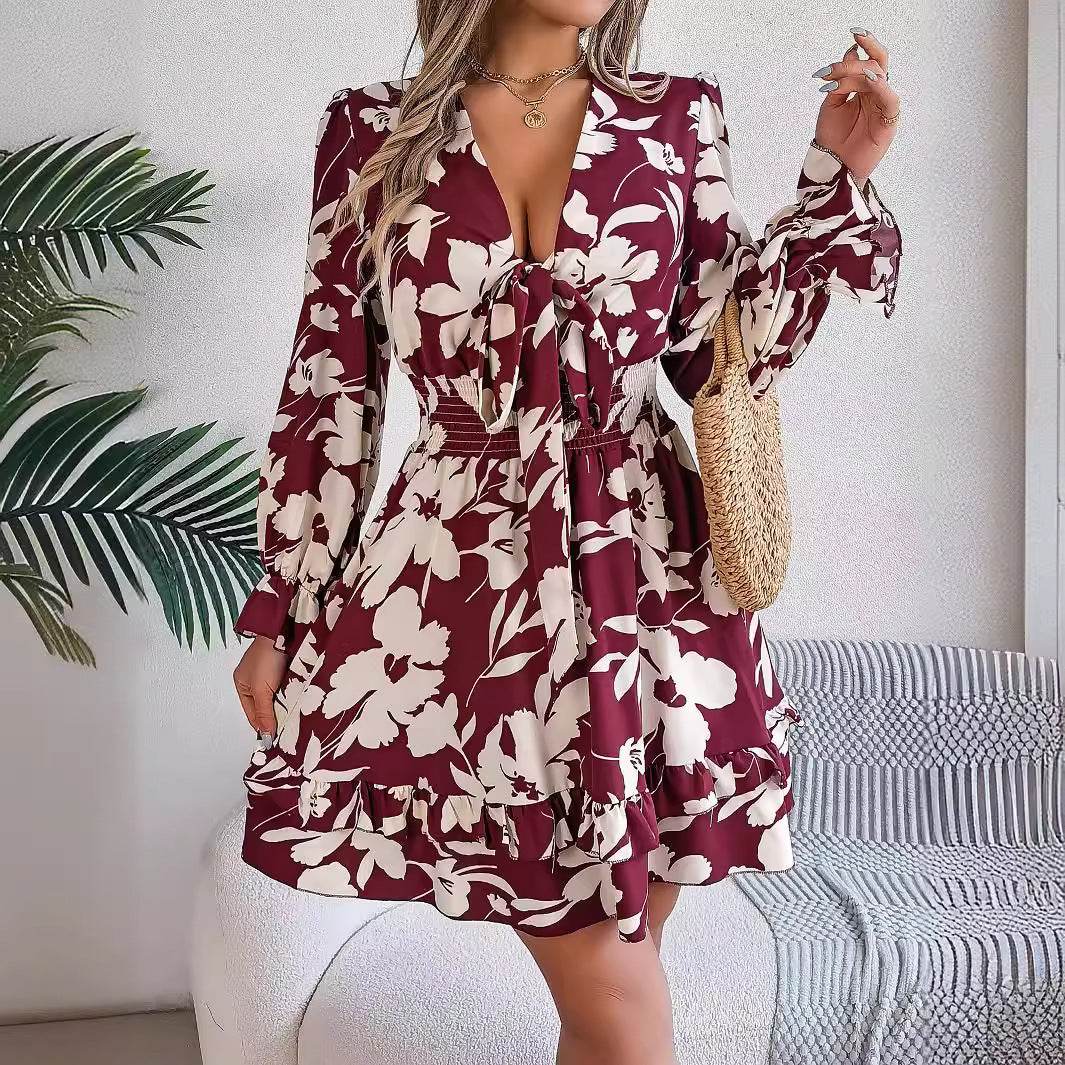 New Floral Printed V-Neck Long Sleeve Dress Fashion Ruffles Bowknot A-Line Short Dress Women's Clothing - Mubimart