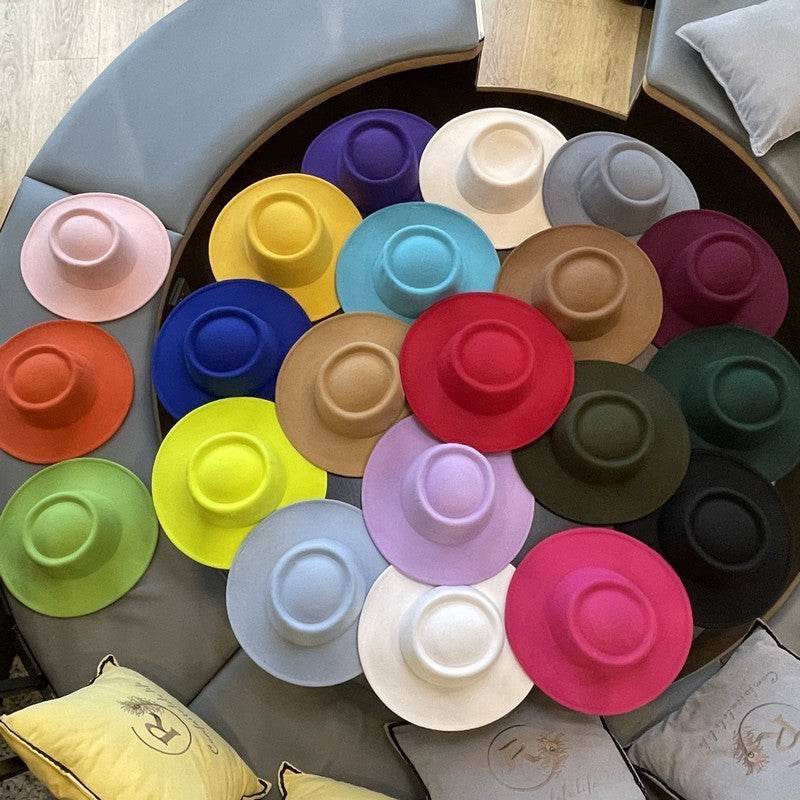 Retro Fedora 8cm Wide Brim Solid Color Concave-convex Dome Woolen Hat - Mubimart