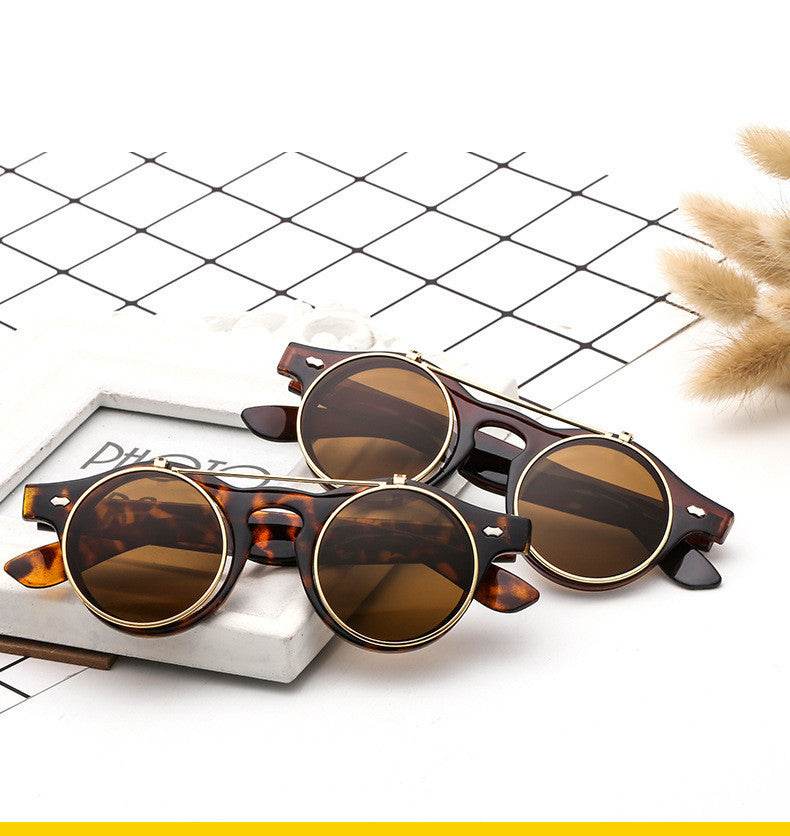 Sunglasses Women Brand Designer Retro Round Steampunk Steam Punk Metal Flip Cover Fashion Sun Glasses - Mubimart
