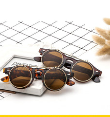 Sunglasses Women Brand Designer Retro Round Steampunk Steam Punk Metal Flip Cover Fashion Sun Glasses