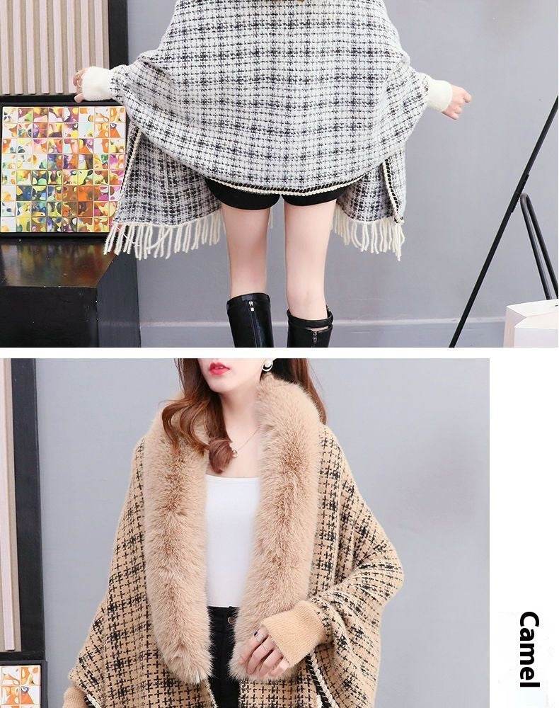 Autumn And Winter New Imitated Mink Cashmere Fur Collar Cape And Shawl Plus Size Tassel Knitted Cardigan - Mubimart