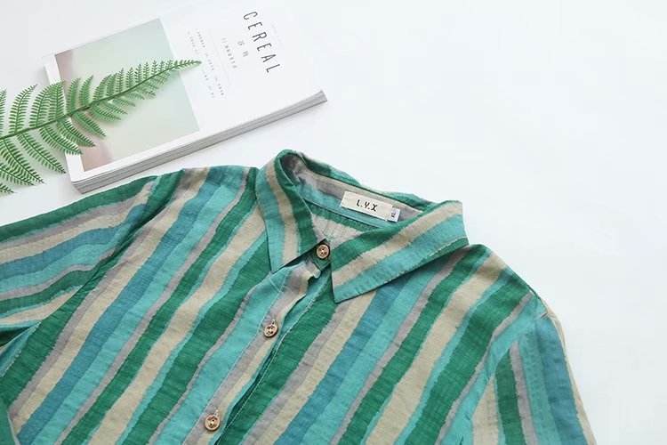 Women Autumn Stripe Lapel Neck Blouses Loose Tops - Mubimart
