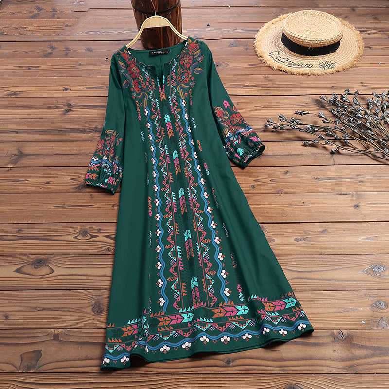 Printed casual tunic dress bohemian - Mubimart