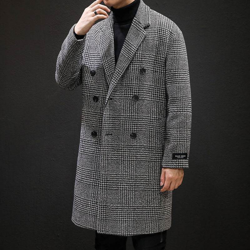 Plaid coat slim slim long trench coat - Mubimart