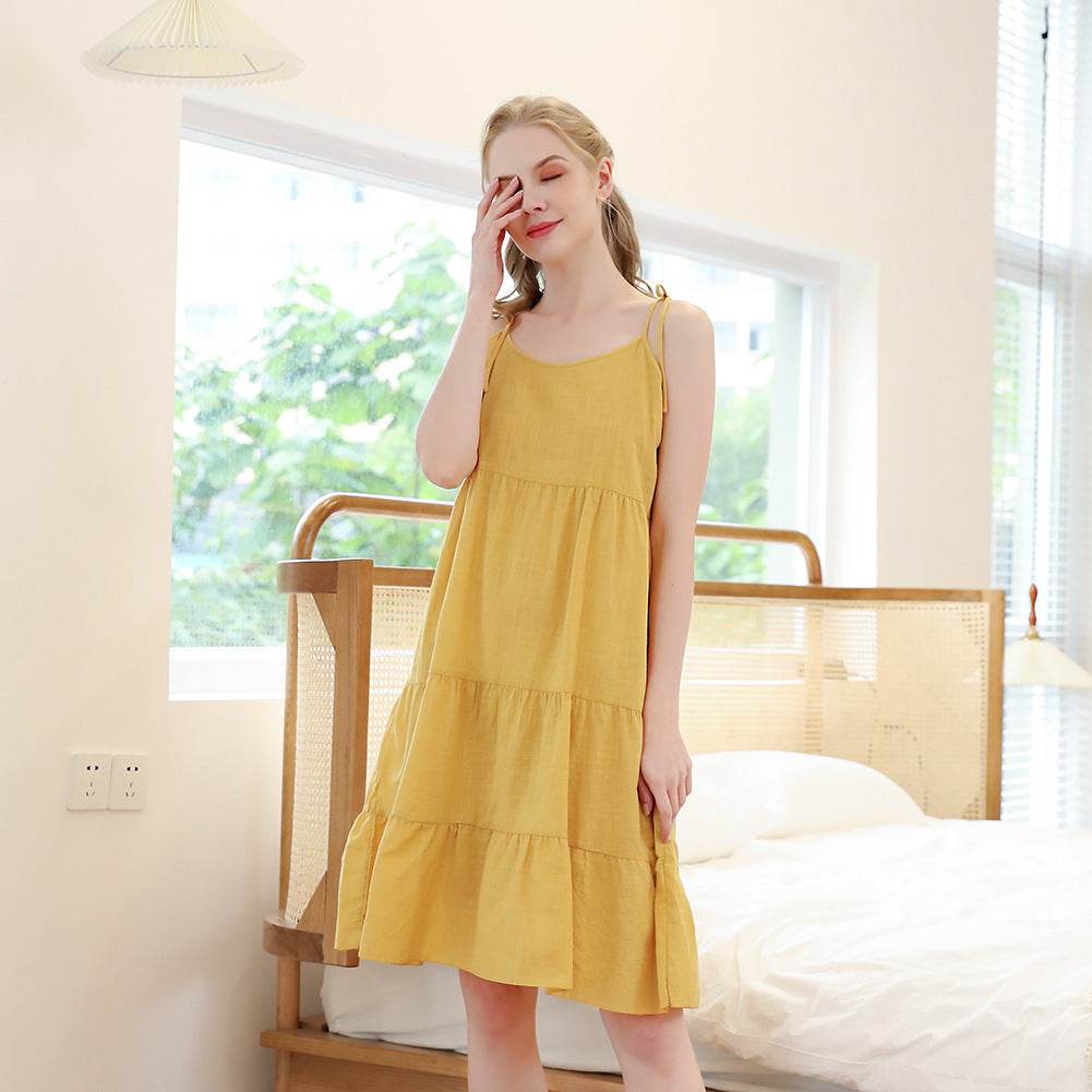 Plus Size Nightgown Sling Two Bow Tie Round Neck Rayon Nightdress Length - Mubimart