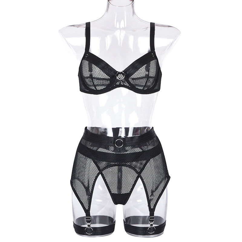 Lace Mesh Cross Strap Garter Belt Three-piece Split Suit - Mubimart - Garter Belts 