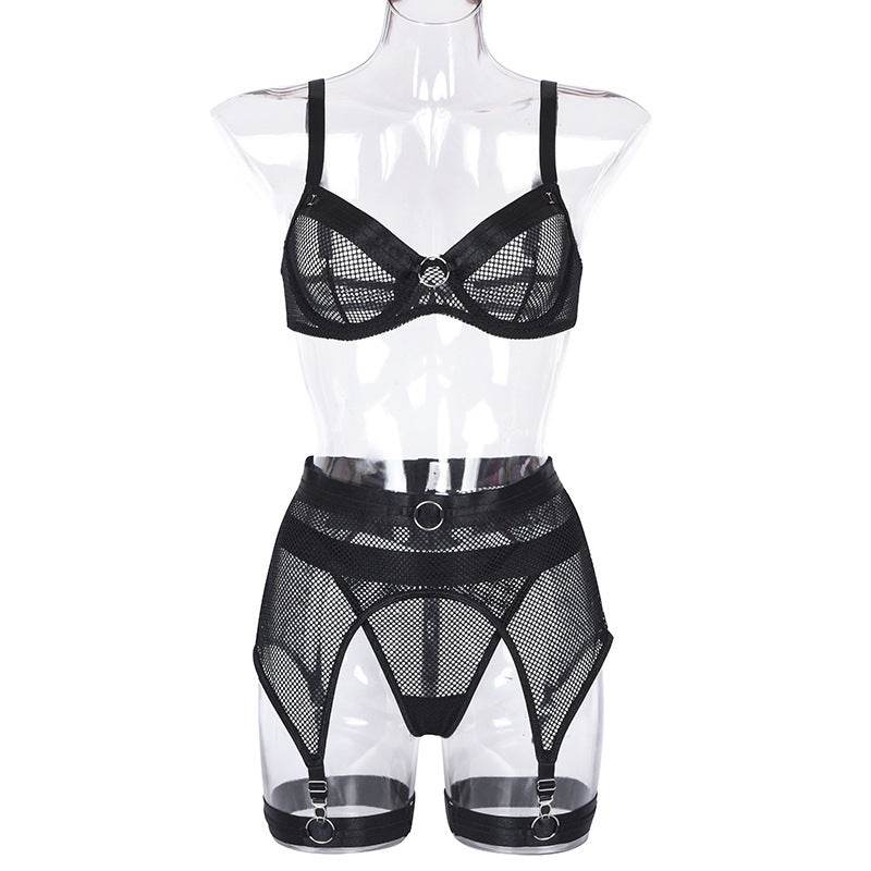 Lace Mesh Cross Strap Garter Belt Three-piece Split Suit - Mubimart