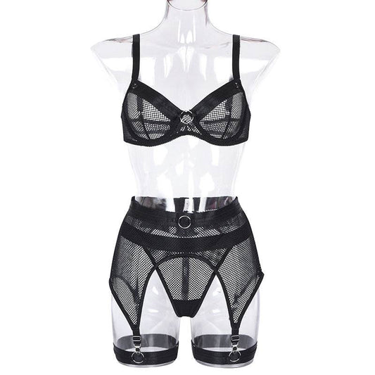 Lace Mesh Cross Strap Garter Belt Three-piece Split Suit - Mubimart