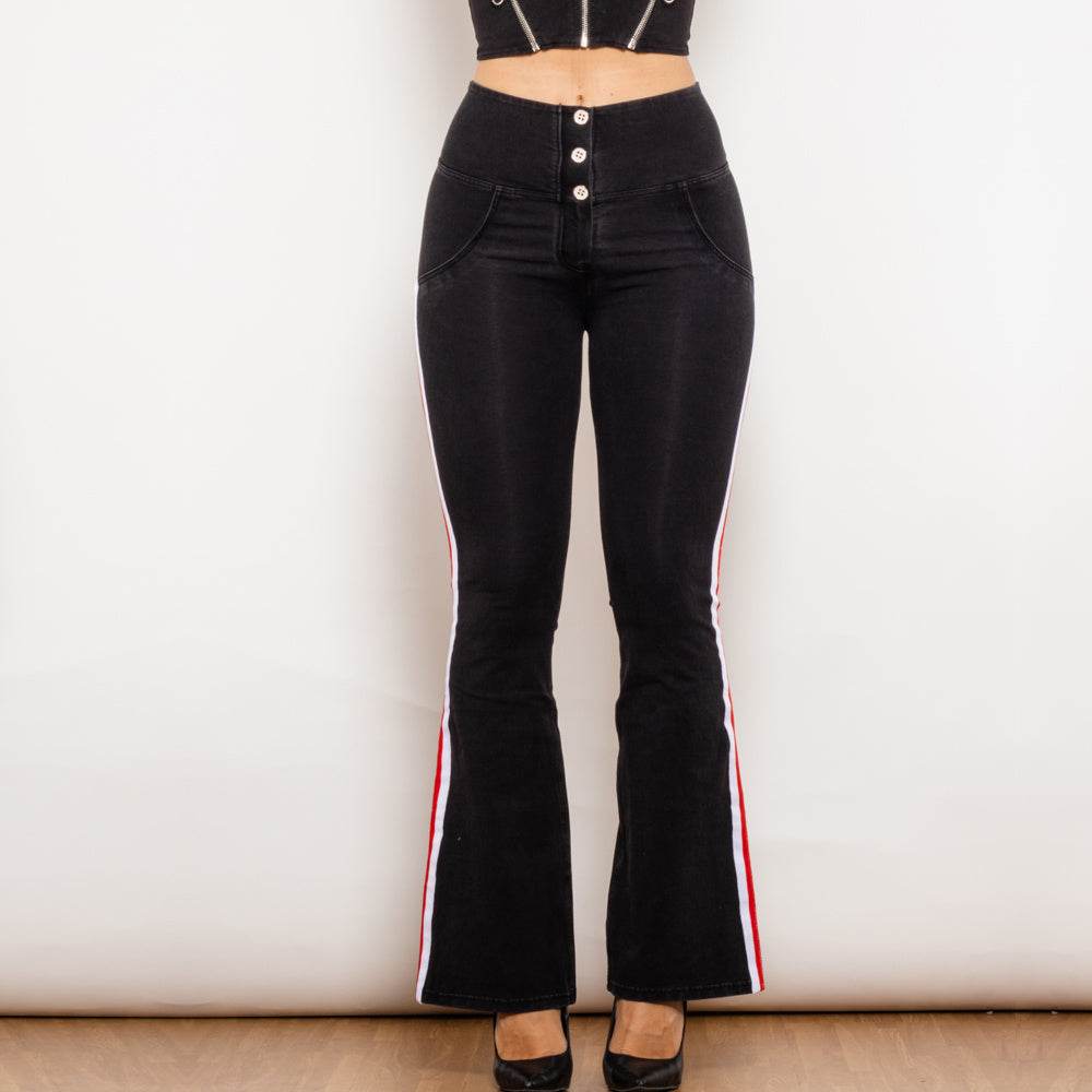 Shascullfites Melody Black Striped Flared Lift Jeggings Button Up Jeans Shaping Jeans Women High Waist Flare Jeans - Mubimart
