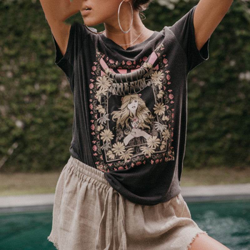 Retro printed T-Shirt Top for women - Mubimart