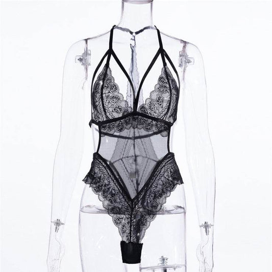 Women Teddy Hot Erotic Dress V-neck Underwear Transparent Lace Mesh Sheer Lenceria Babydoll Costumes Bodysuits - Mubimart