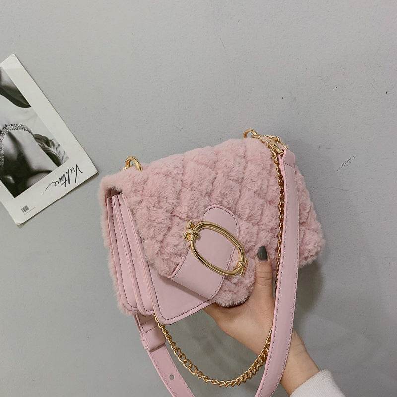 Soft Plush Ladies Square Messenger Bag Winter Female Bag Lady Designer Handbag Chain Shoulder Messenger Bag - Mubimart