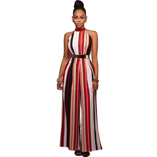 Summer Romper Women Jumpsuit Sexy Ladies Casual Elegant Loose Office Sleeveless Striped Halter Long Plus Size Overalls - Mubimart