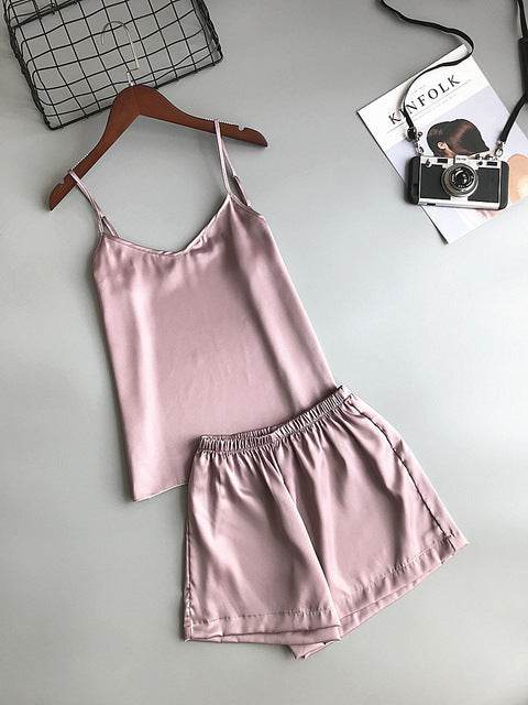 Plain Short Silky Pajama Set - Mubimart