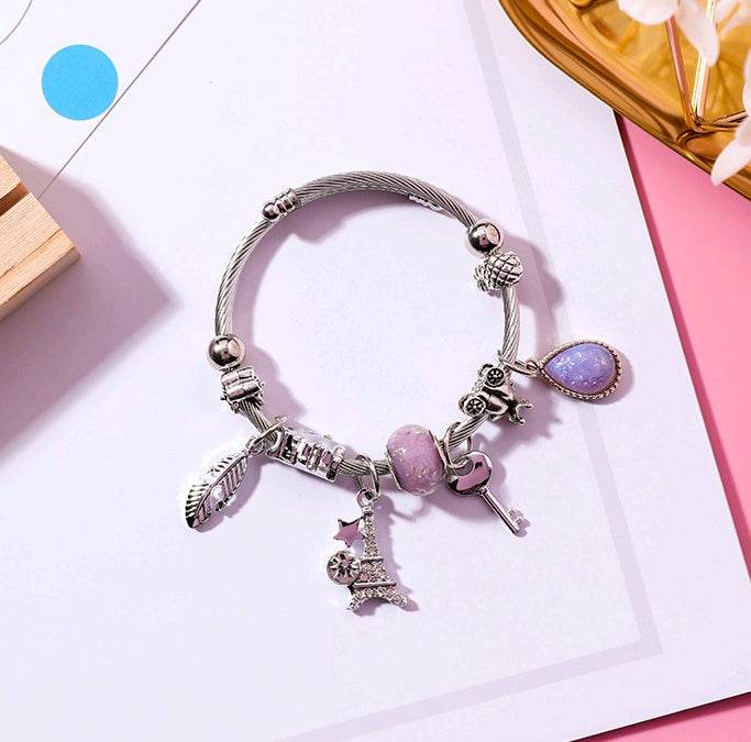 Feather Tower Adjustable Bracelet Crystal DIY Stainless Steel Bracelet National Wind Key Beaded Bracelet Women - Mubimart