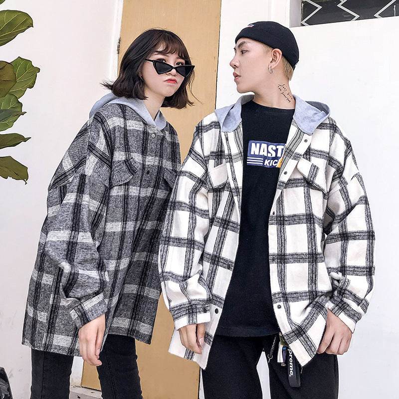 Couple plaid shirt hooded jacket - Mubimart