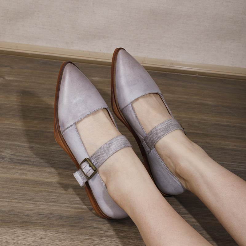Women's leather pointed toe buckle retro flat shoes - Mubimart