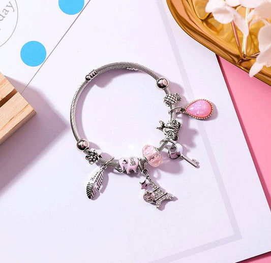 Feather Tower Adjustable Bracelet Crystal DIY Stainless Steel Bracelet National Wind Key Beaded Bracelet Women - Mubimart