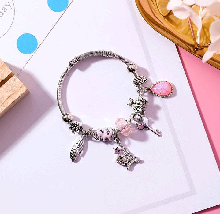 Feather Tower Adjustable Bracelet Crystal DIY Stainless Steel Bracelet National Wind Key Beaded Bracelet Women - Mubimart