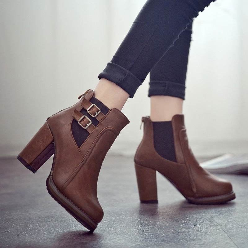 British retro thick with belt buckle boots high heel elastic women's booties - Mubimart