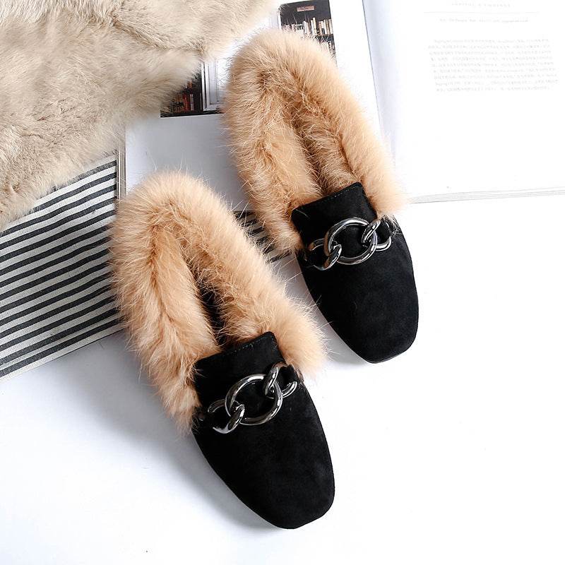 Rabbit fur and velvet cotton flats - Mubimart